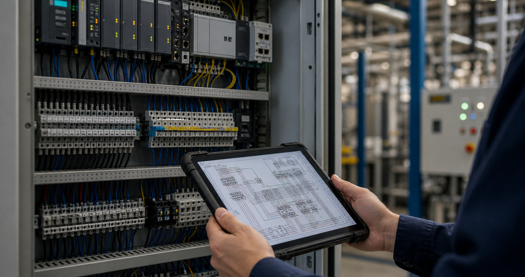 Hands holding an angled tablet showing a panel wiring diagram in front of an industrial control panel